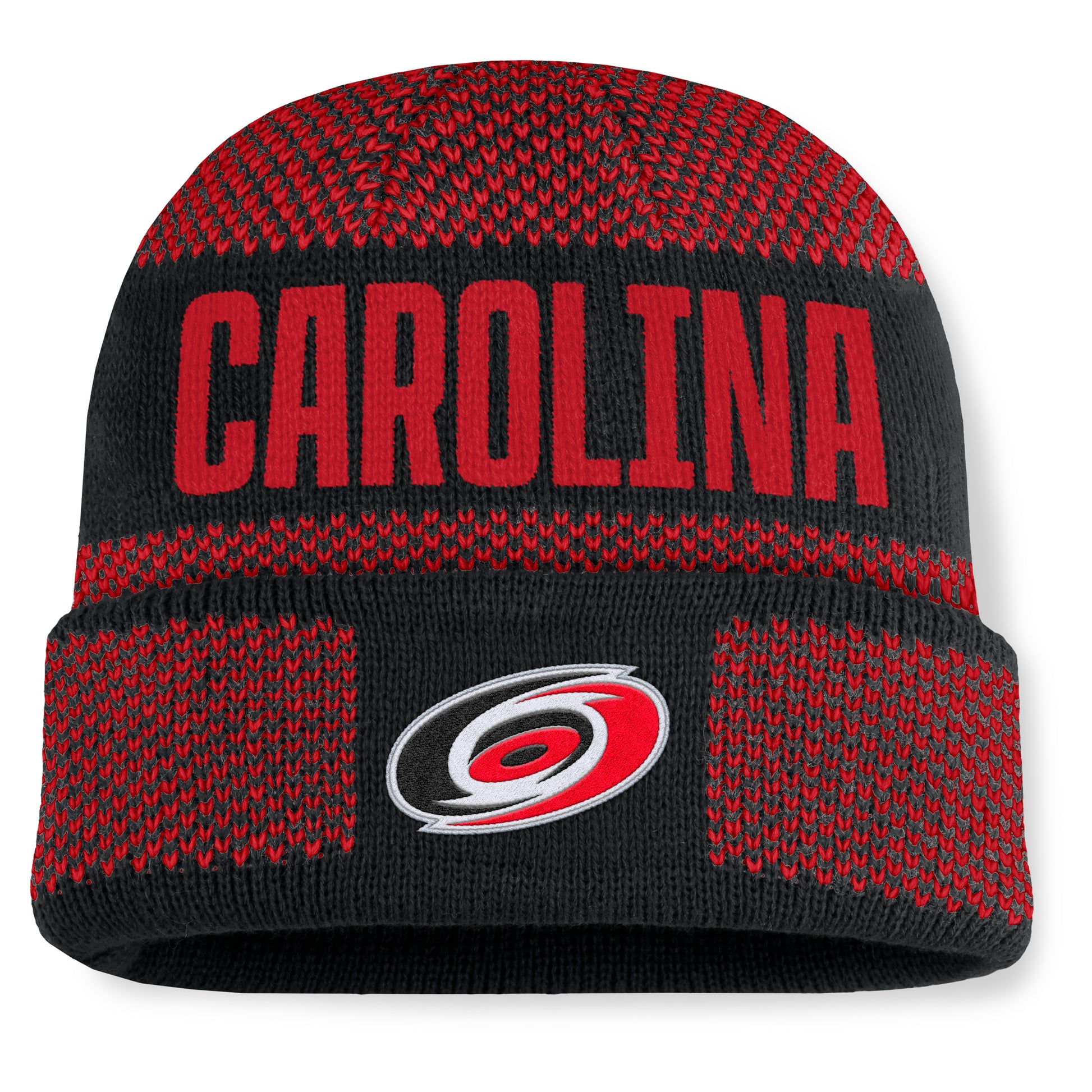 Front: Black beanie with red pattern, "CAROLINA" across front, primary logo on cuff