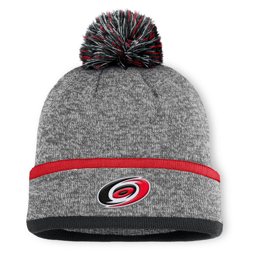 Front: Gray cuffed beanie with tri-colored pom, Primary logo on cuff