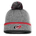Front: Gray cuffed beanie with tri-colored pom, Primary logo on cuff