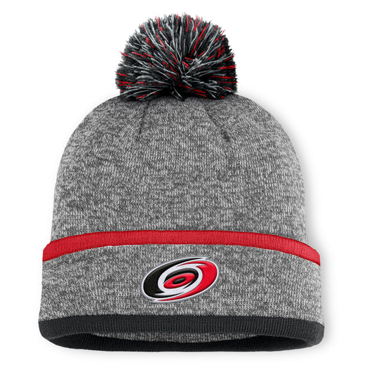 Front: Gray cuffed beanie with tri-colored pom, Primary logo on cuff