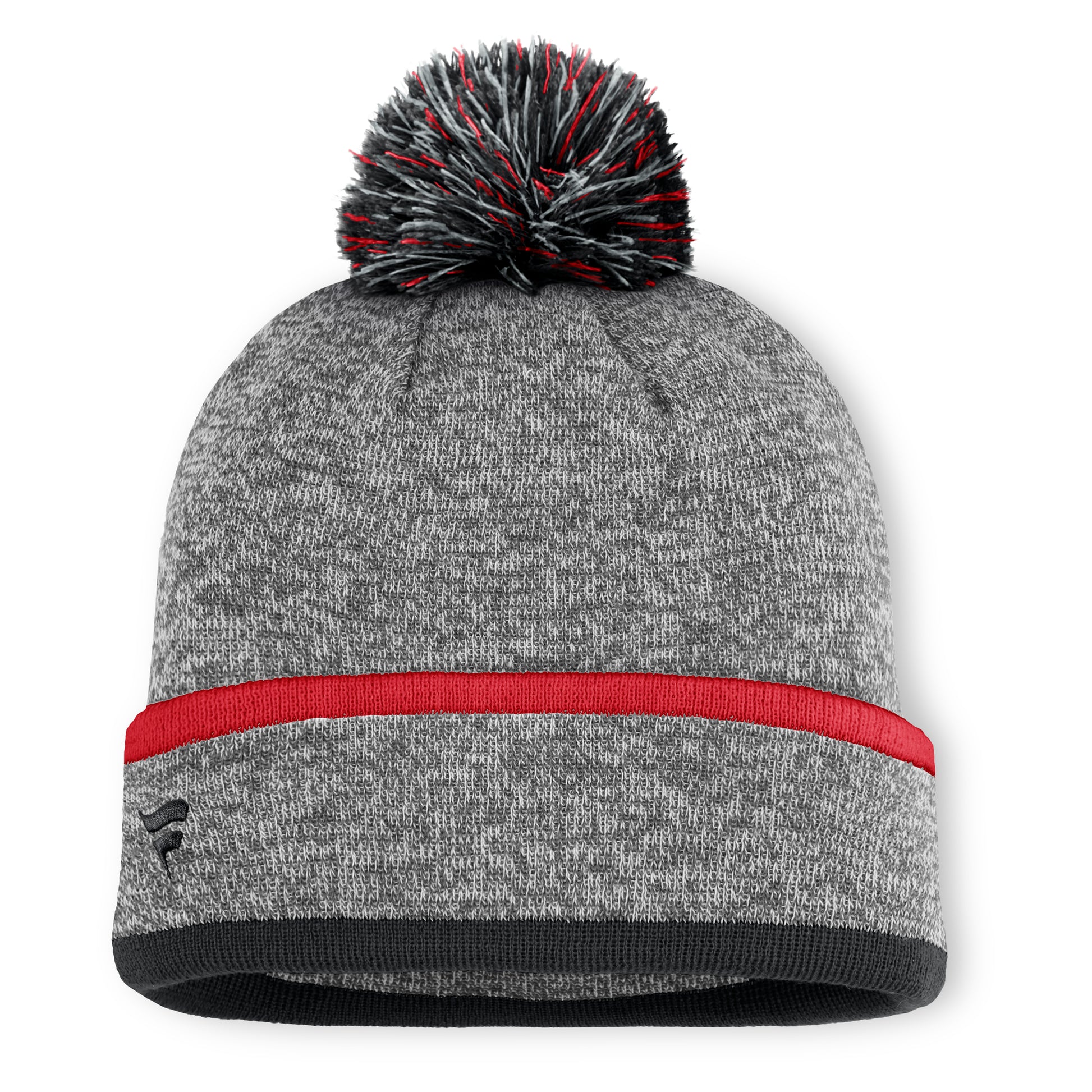 Back: Gray cuffed beanie, red trim and black Fanatics logo on cuff