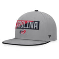Front: Gray hat with flatbrim, "CAROLINA" graphic on front in red/black/gray
