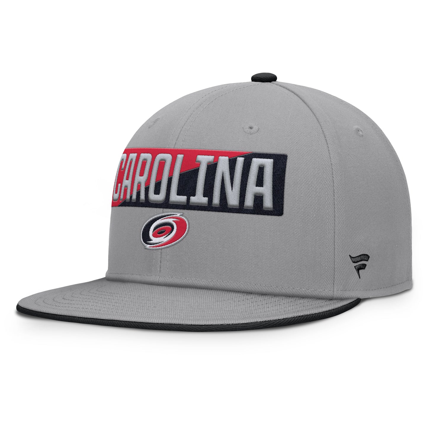 Front: Gray hat with flatbrim, "CAROLINA" graphic on front in red/black/gray