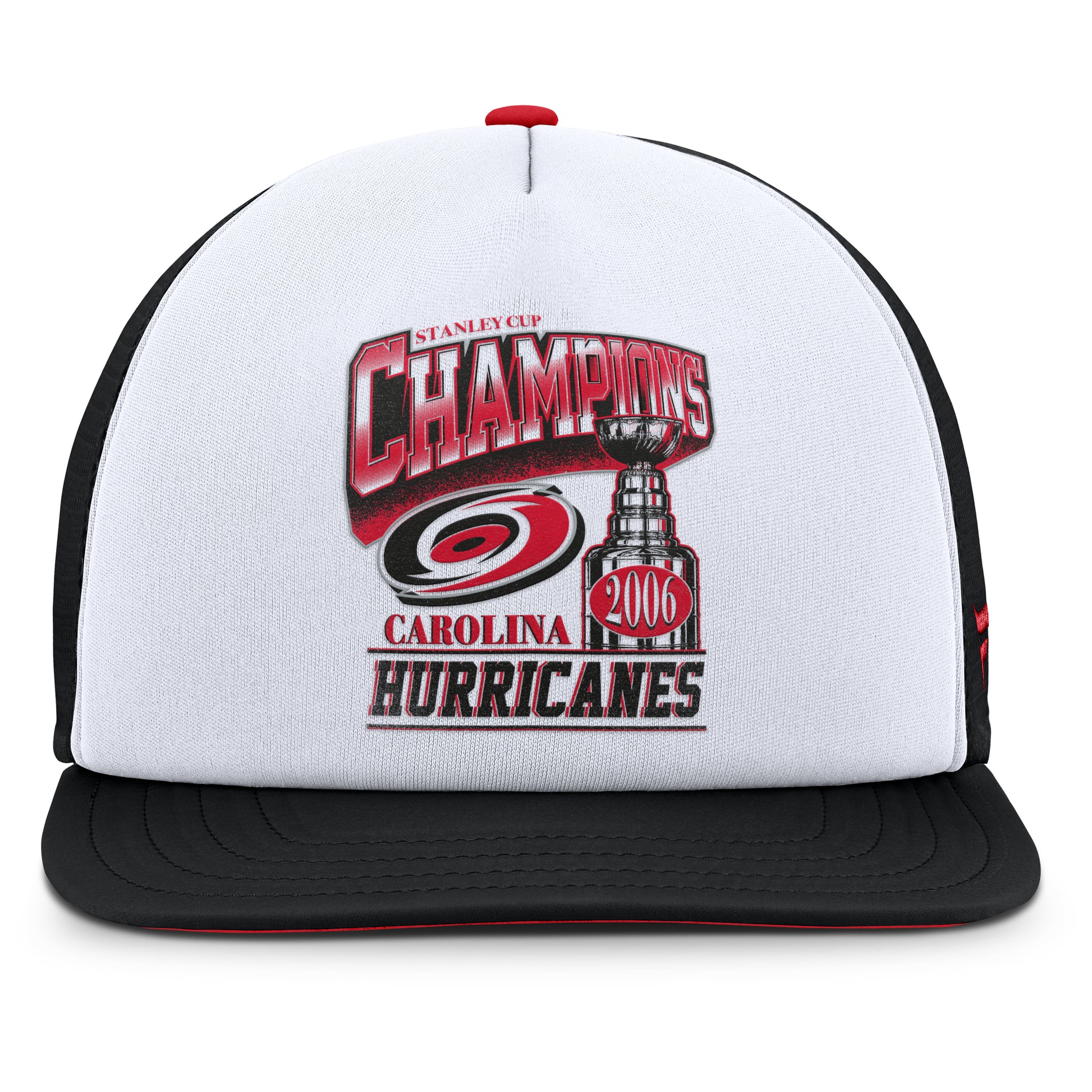 Front: White hat, black brim, 2006 Stanley Cup Champions graphic on front