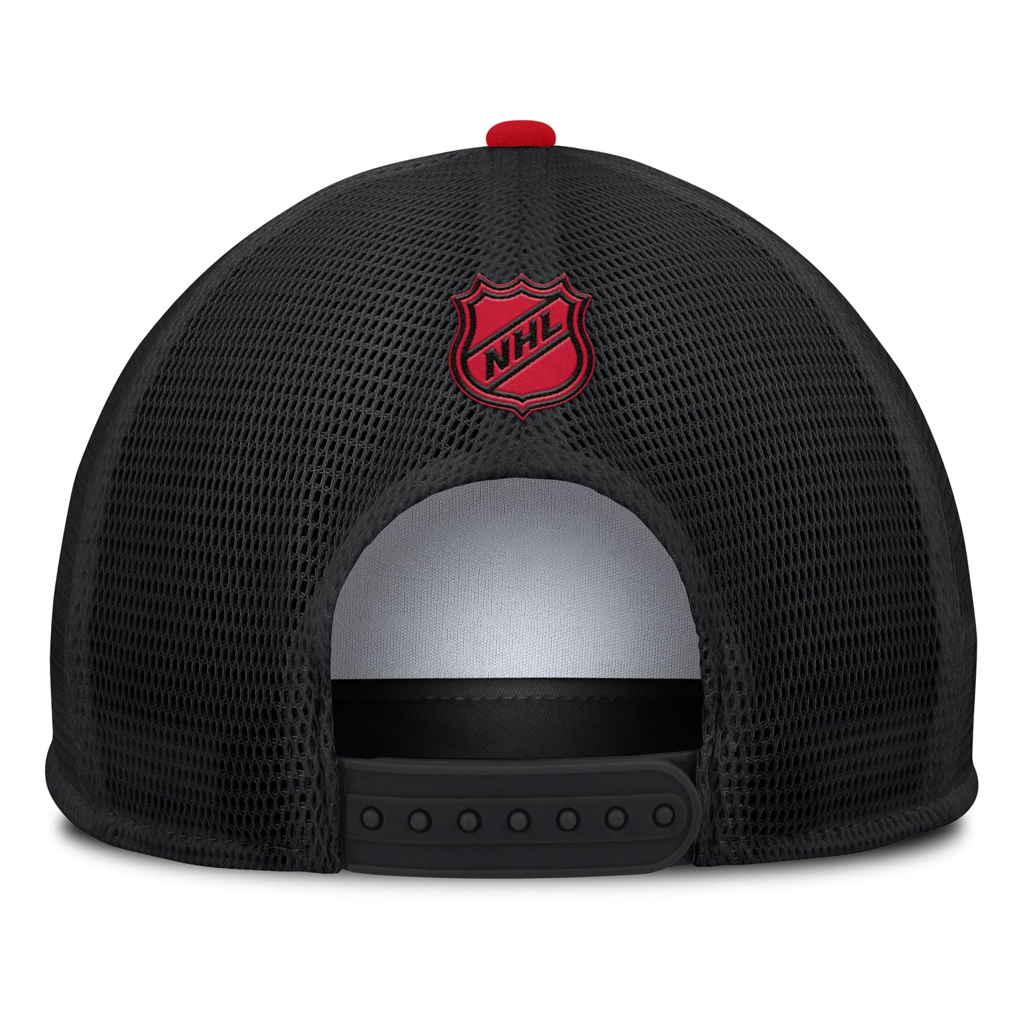 Back: Black meshback with black snapback straps, red NHL shield above straps