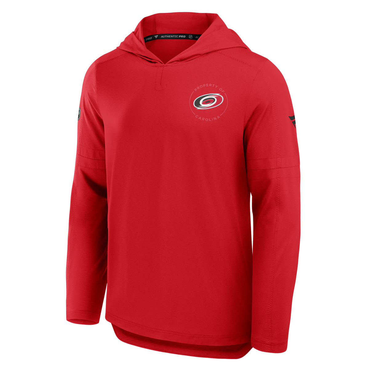 Front: Primary logo on left chest with light red circle around it- reads "Property of Carolina"