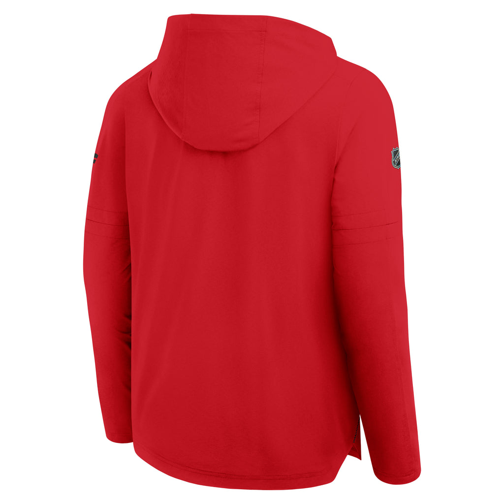 Back: Red lightweight hood with NHL Shield on right sleeve