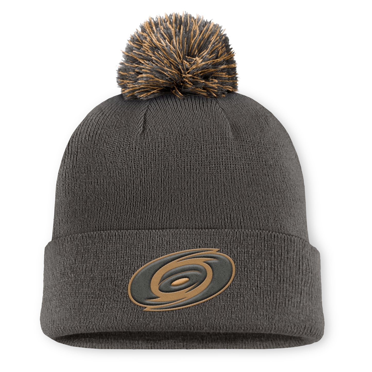 Front: Gray cuffed beanie with brown/gray Primary logo on cuff, brown/gray pom