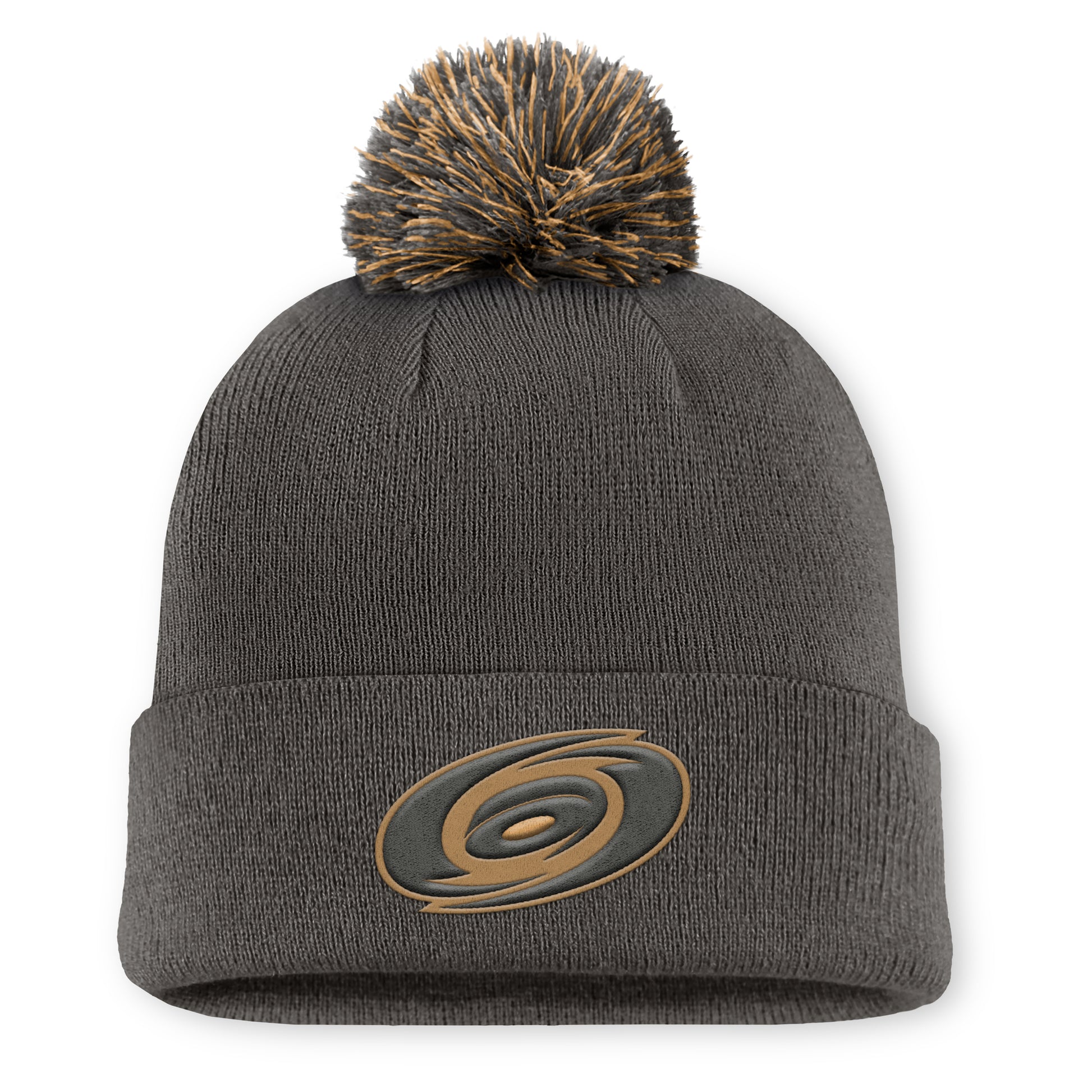 Front: Gray cuffed beanie with brown/gray Primary logo on cuff, brown/gray pom