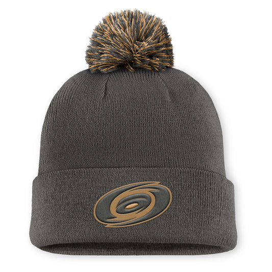 Front: Gray cuffed beanie with brown/gray Primary logo on cuff, brown/gray pom