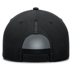 Back: Black hat with black snapback straps, "CAROLINA" vertically in black