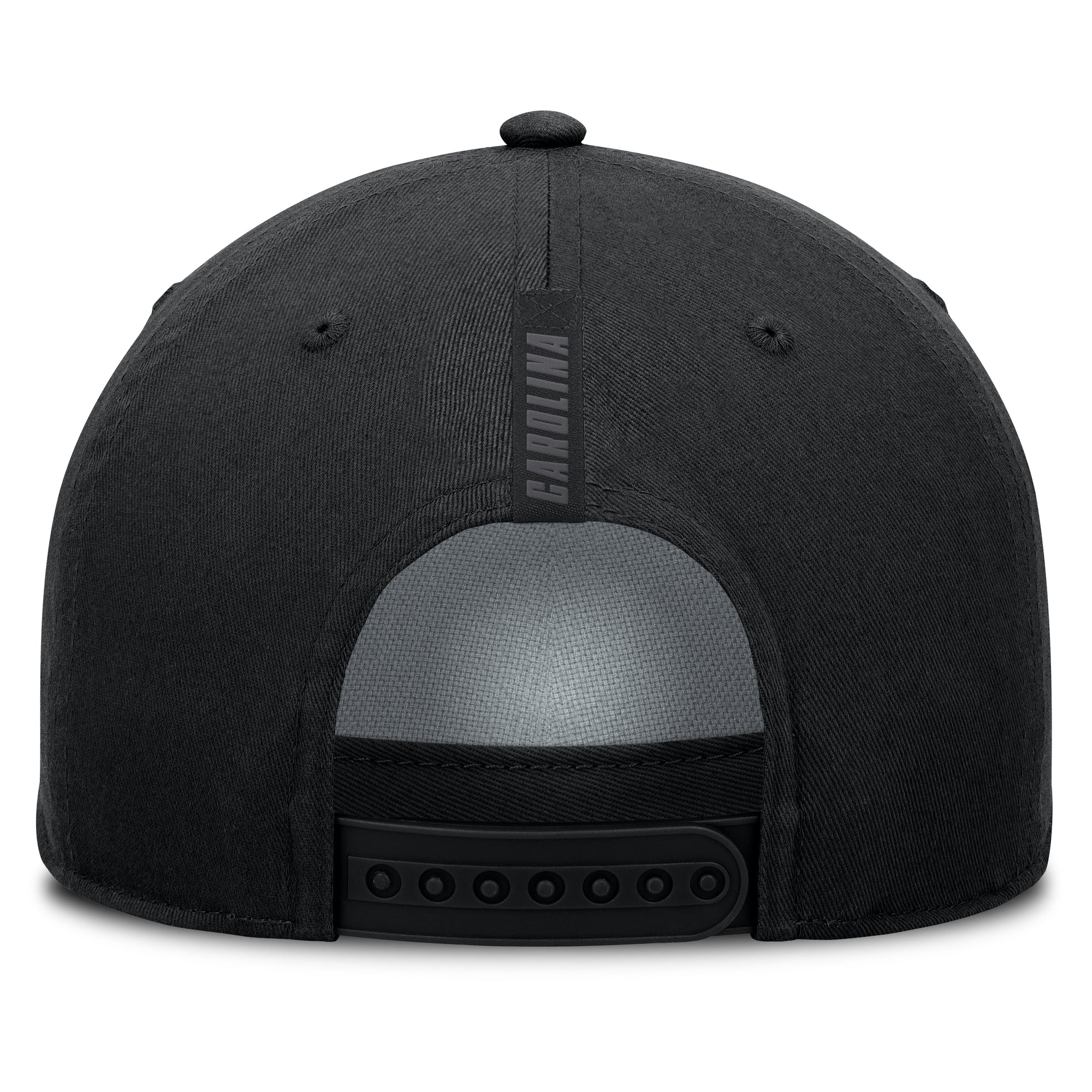 Back: Black hat with black snapback straps, "CAROLINA" vertically in black