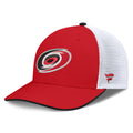 Left: Red hat, white meshback, red Fanatics logo on mesh on left