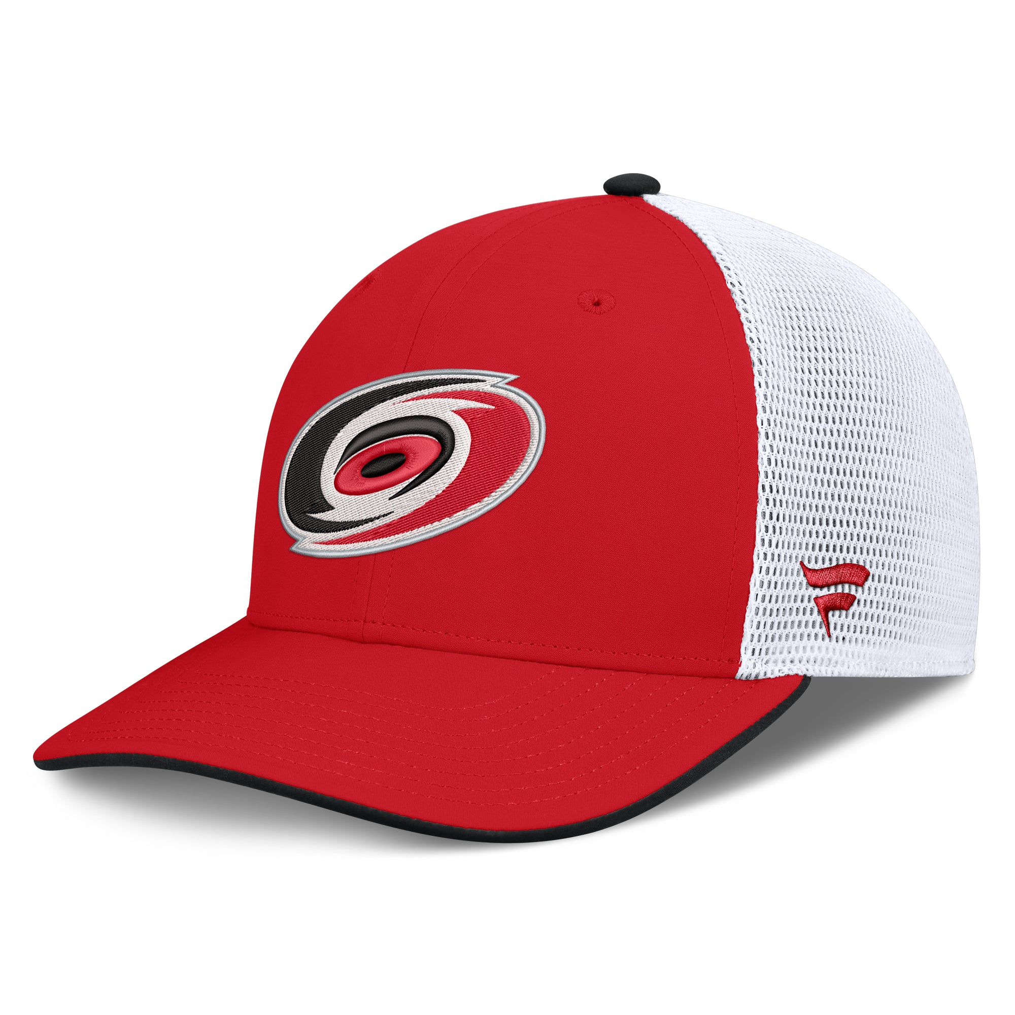 Left: Red hat, white meshback, red Fanatics logo on mesh on left