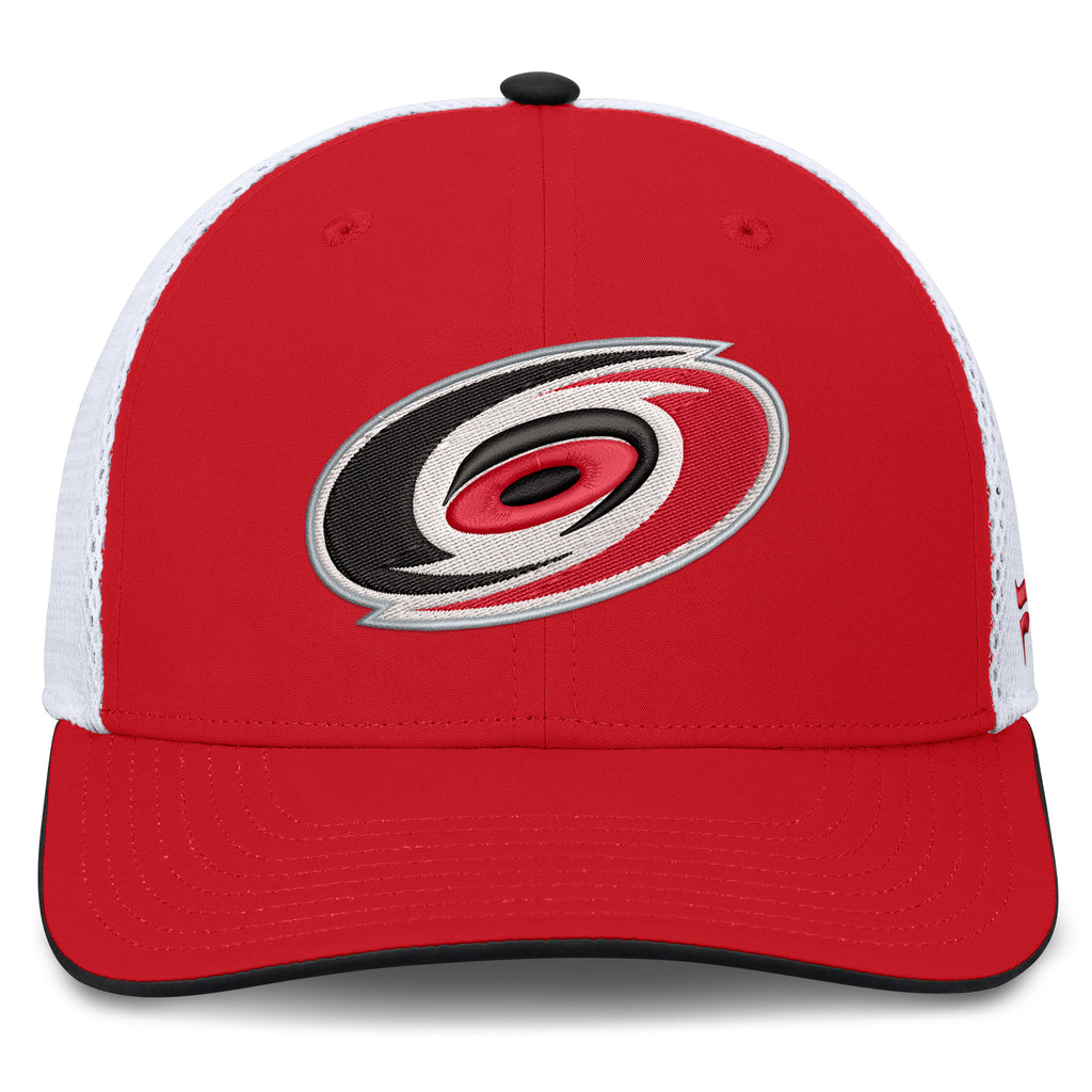 Front: Red hat, black trim on brim, Primary logo on front, black crown