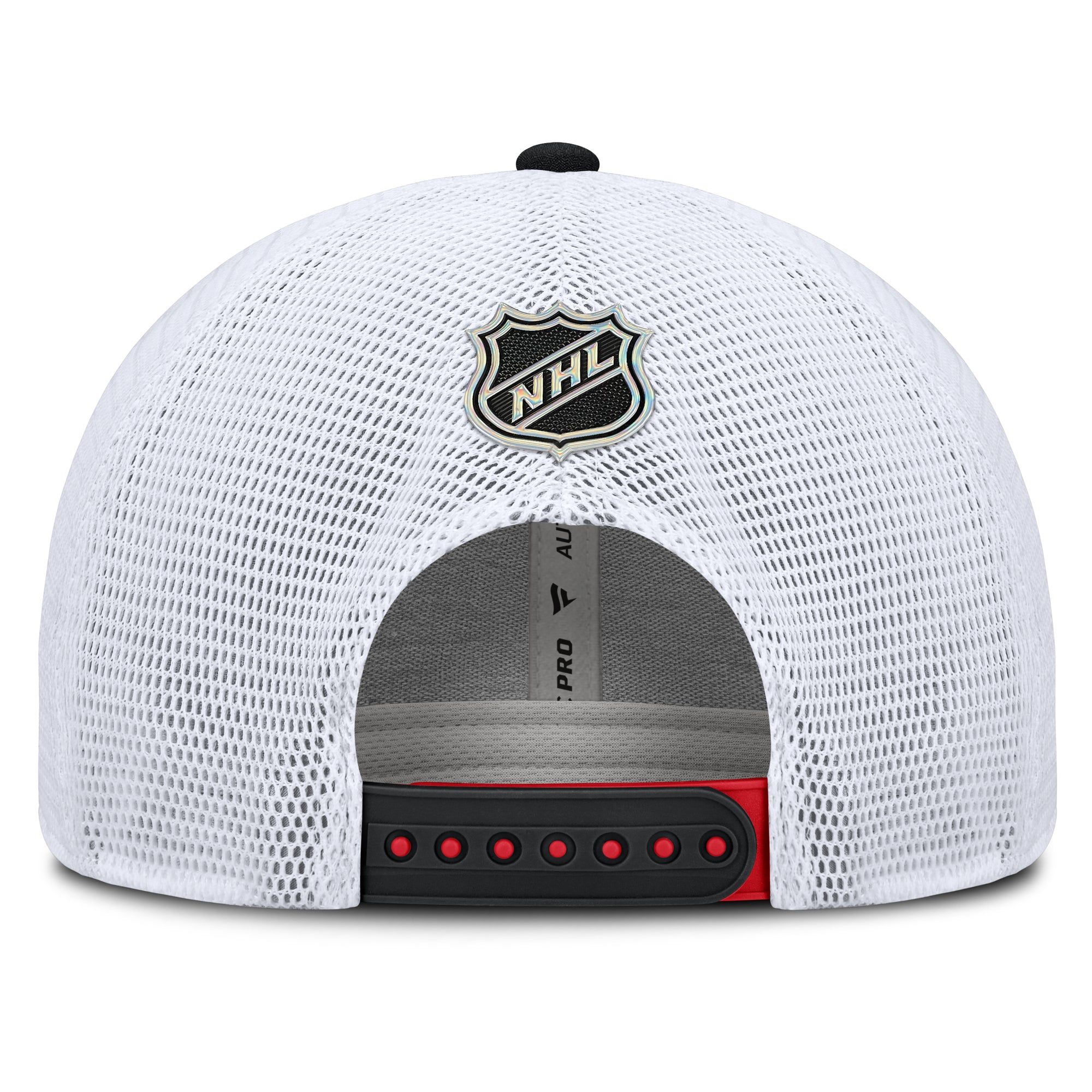 Back: White meshback, black/red snapback straps, NHL Shield above straps