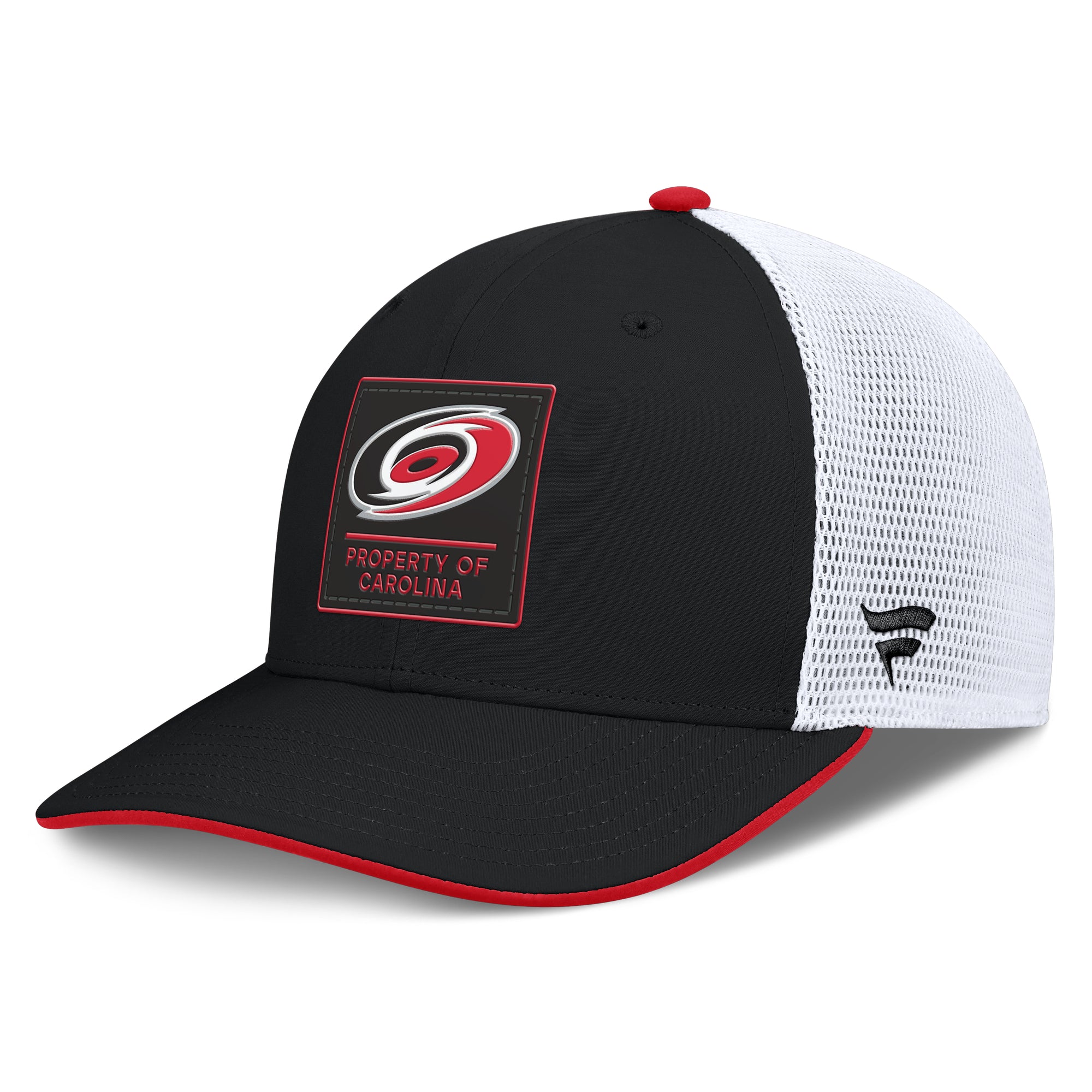 Left: Black hat, white meshback, Black Fanatics logo on left on meshback