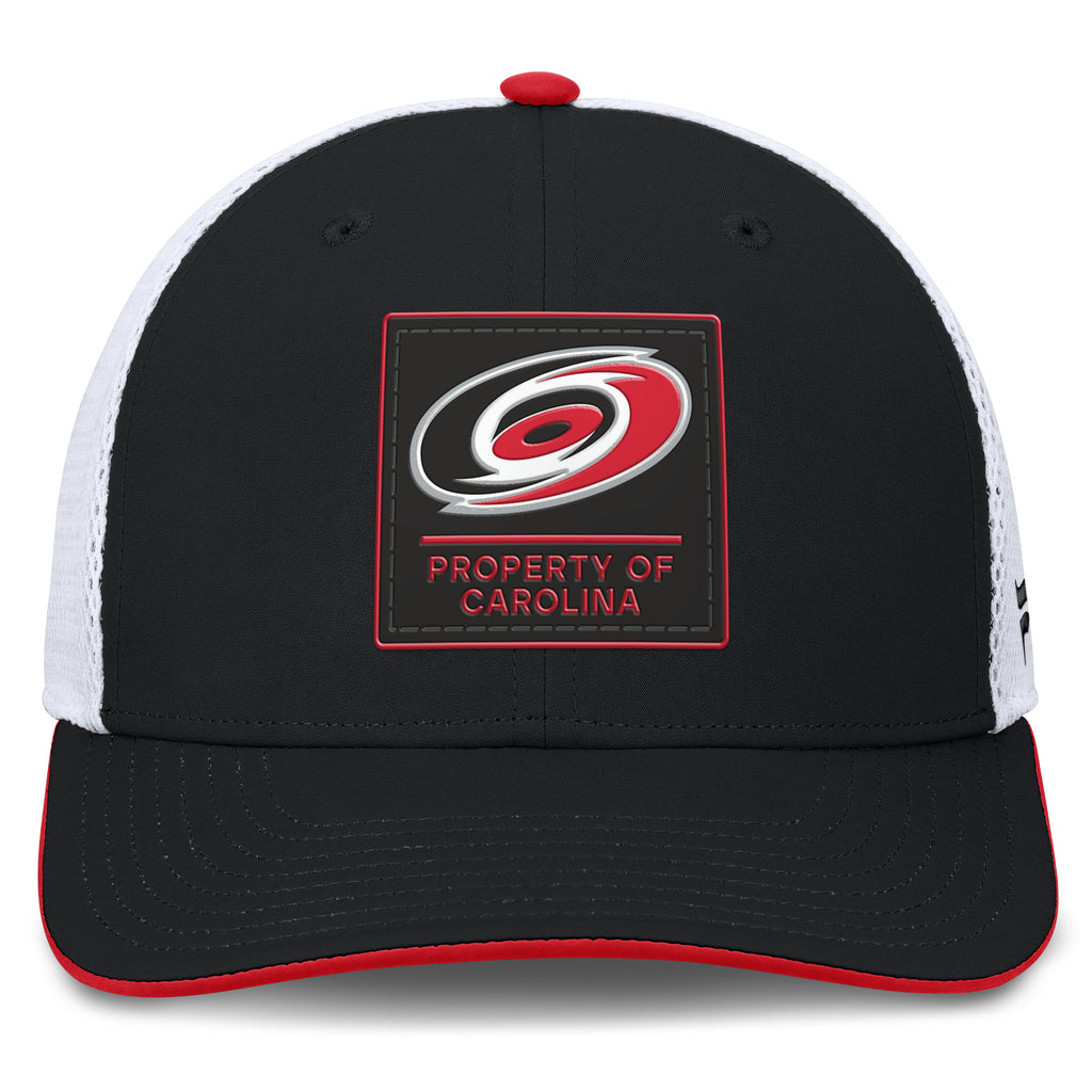 Front: Black square patch with red trim- "PROPERTY OF CAROLINA" in red with Primary logo