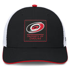 Front: Black square patch with red trim- "PROPERTY OF CAROLINA" in red with Primary logo