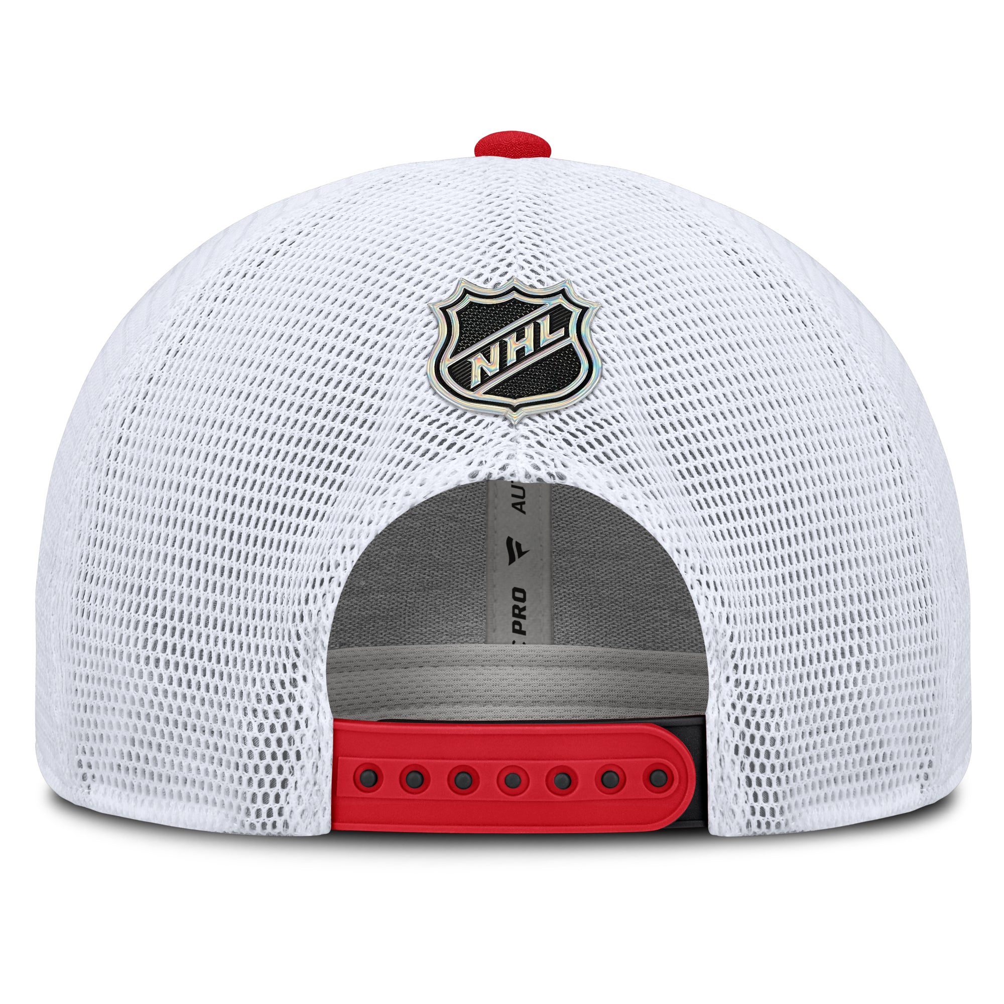 Back: White meshback, red/black snapback straps, NHL Shield above straps