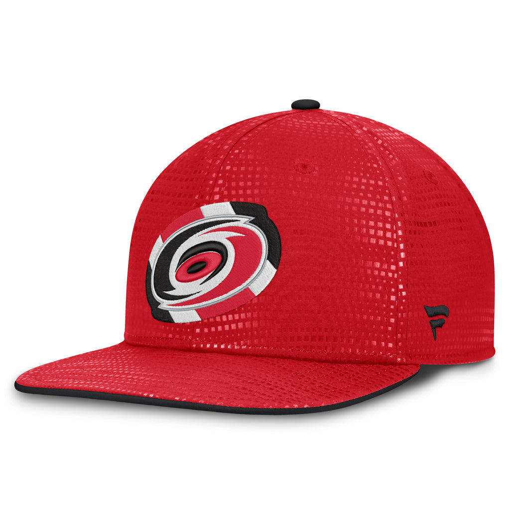 Left: Red hat, red brim, black brown, black Fanatics logo on left