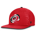 Left: Red hat, red brim, black brown, black Fanatics logo on left