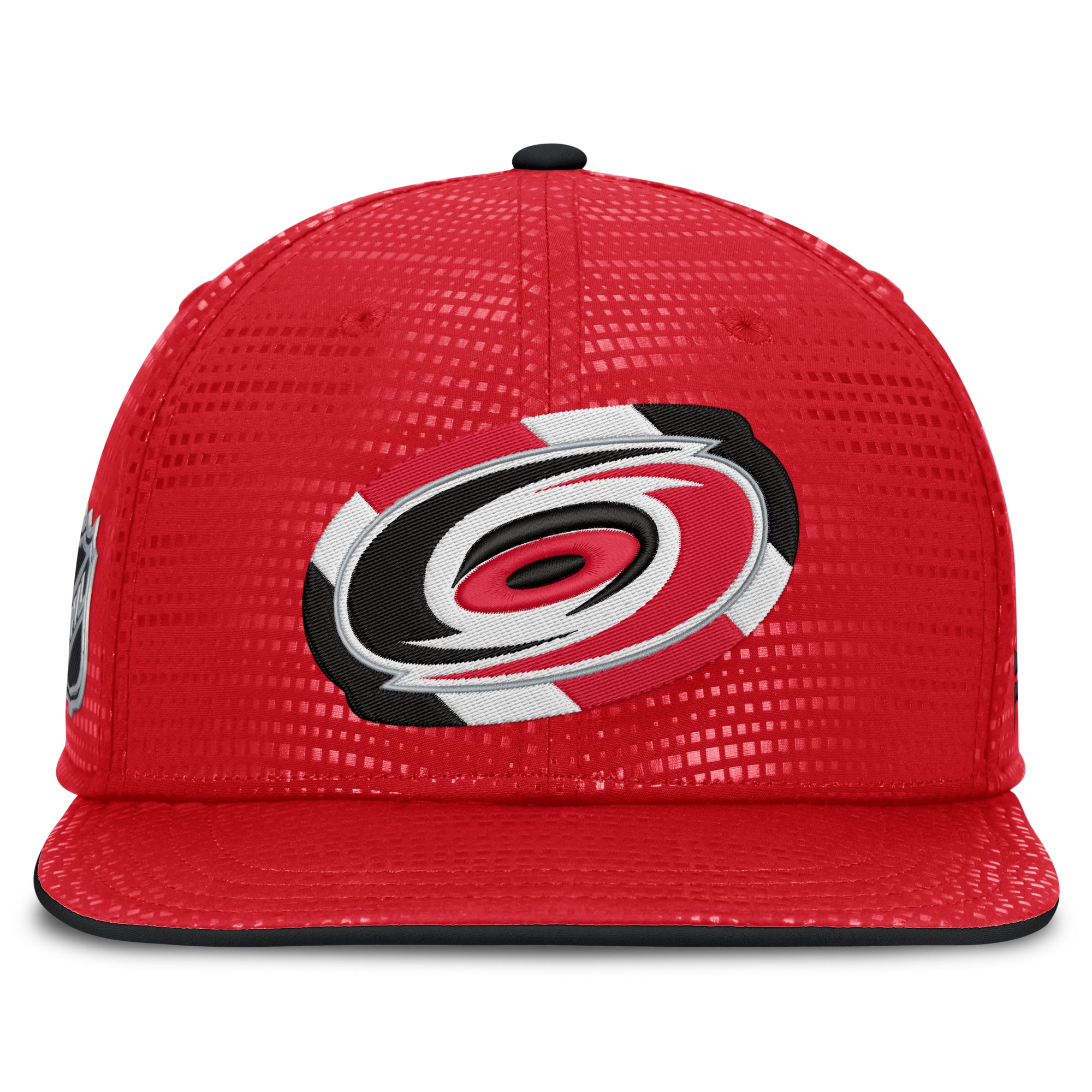 Front: Primary logo on front with red/white/black pattern behind logo