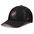 Front: Black fitted hat, red trim on brim, red Fanatics logo on left side