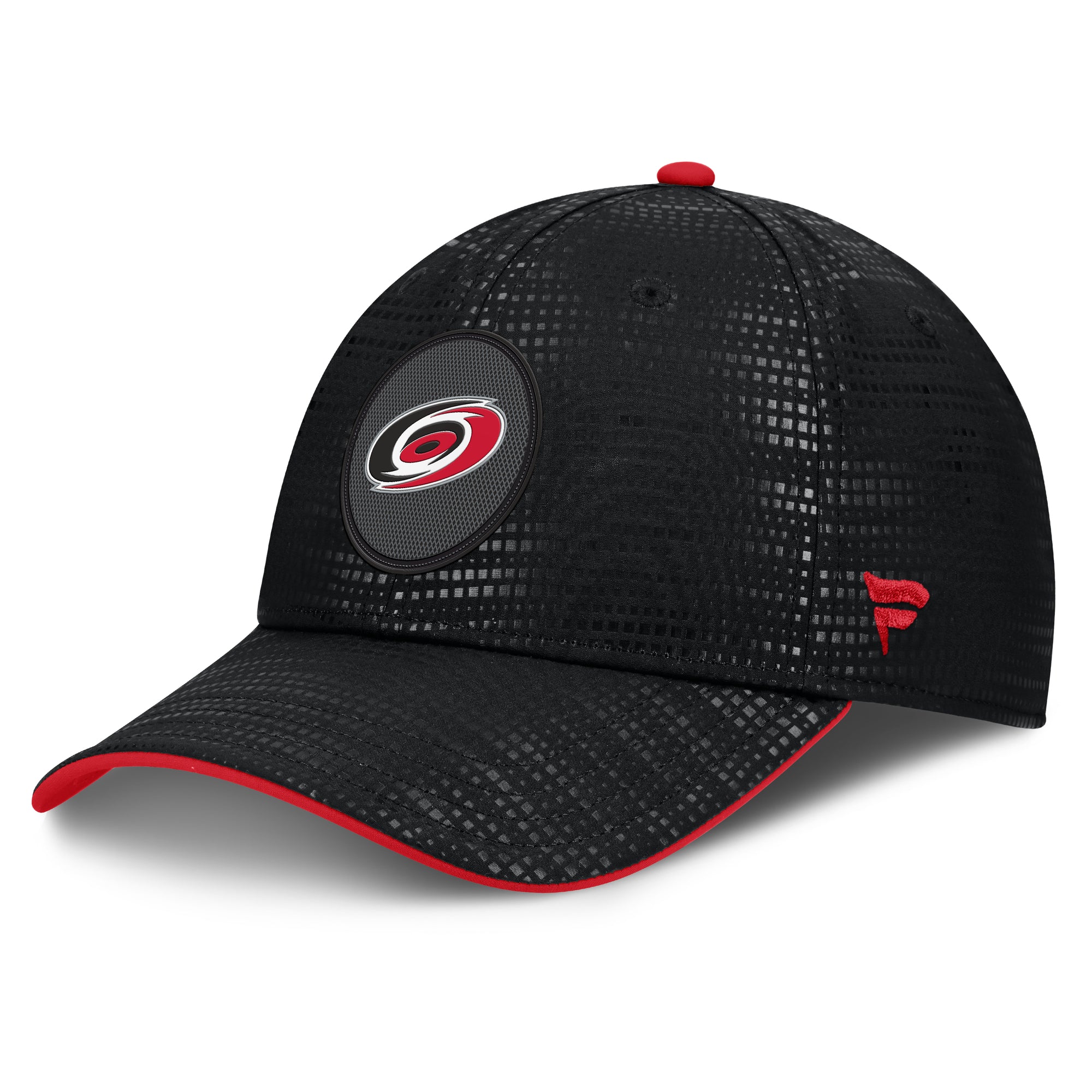 Front: Black fitted hat, red trim on brim, red Fanatics logo on left side