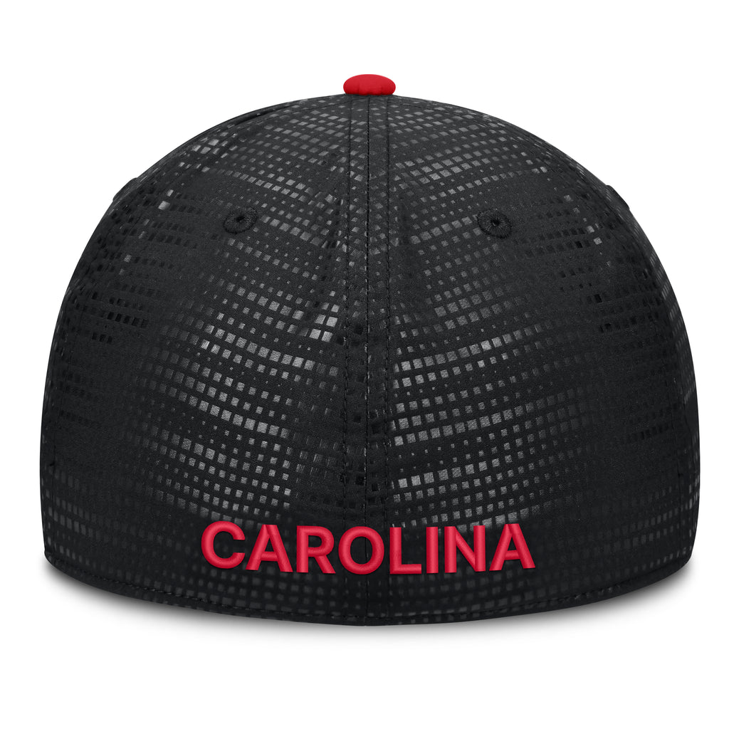 Back: Black fitted hat, "CAROLINA" in red, red crown