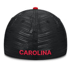 Back: Black fitted hat, "CAROLINA" in red, red crown