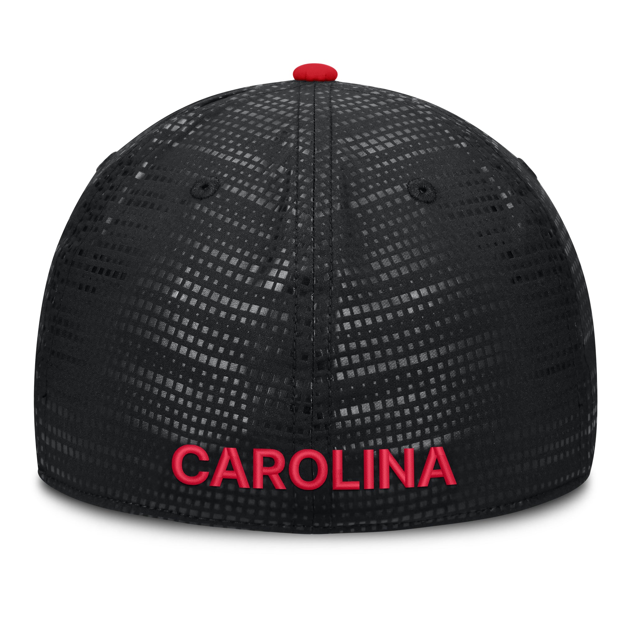Back: Black fitted hat, "CAROLINA" in red, red crown