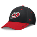 Left: Black fitted hat, red brim; red Fanatics logo on left