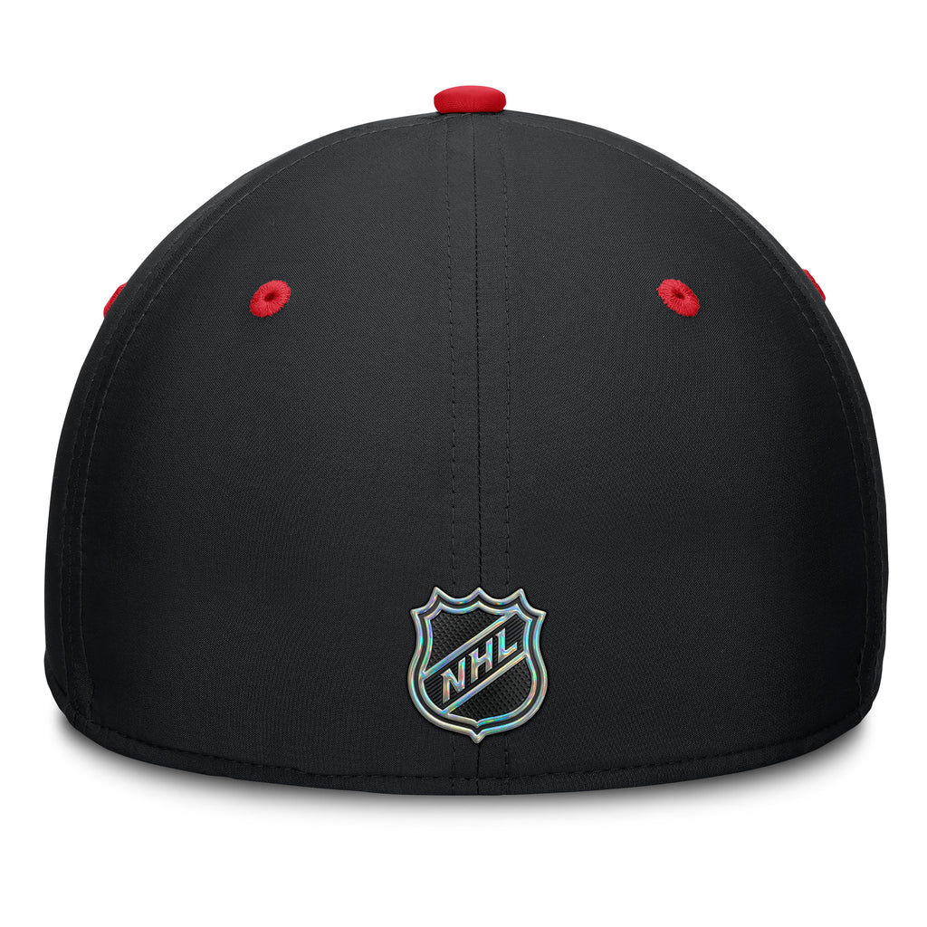 Back: Black fitted hat, NHL Shield on back, red eyelets/crown