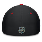 Back: Black fitted hat, NHL Shield on back, red eyelets/crown