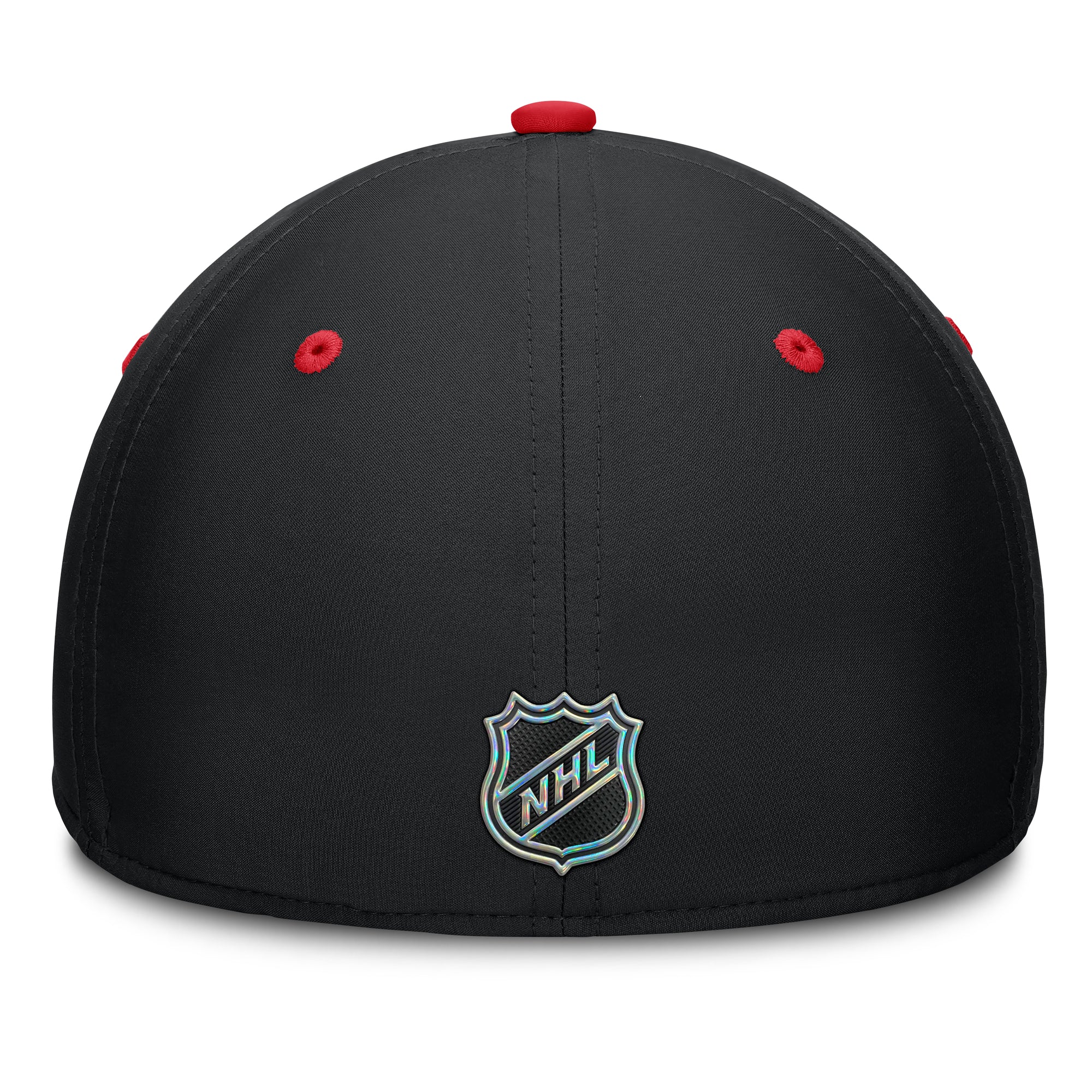 Back: Black fitted hat, NHL Shield on back, red eyelets/crown
