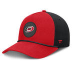 Left: Red hat with black rope on brim, black back; Fanatics logo on left