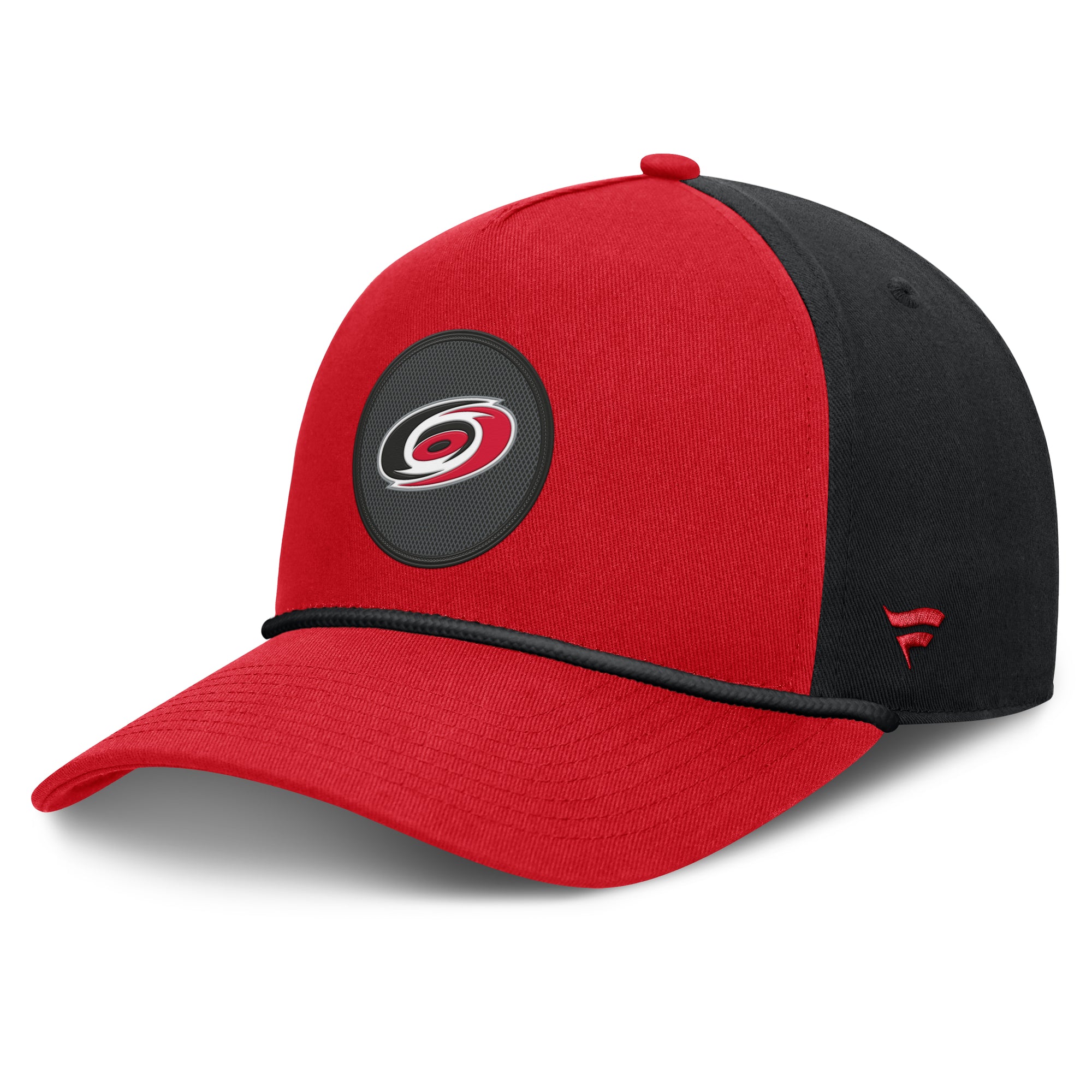 Left: Red hat with black rope on brim, black back; Fanatics logo on left