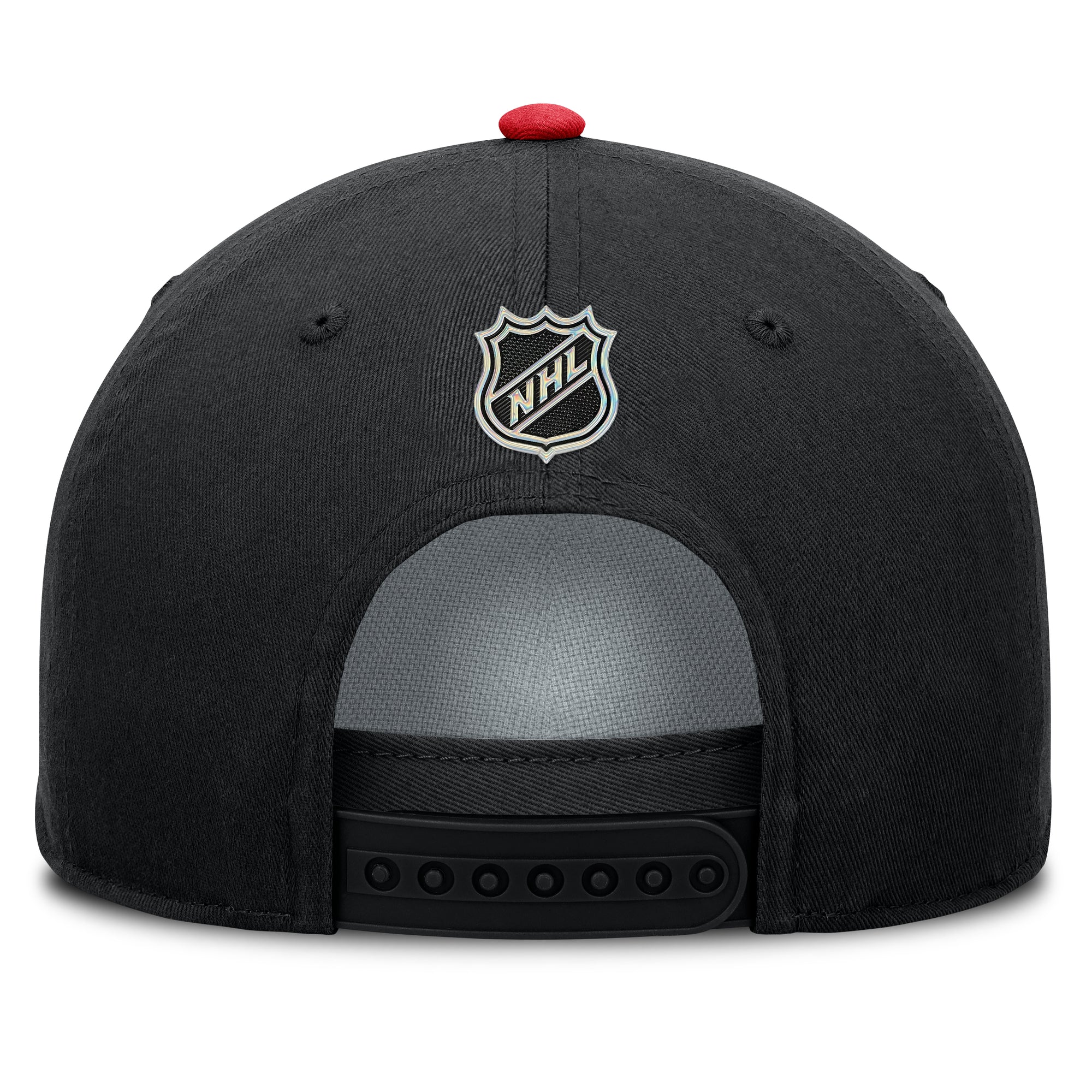 Back: Black back, black snapback straps, NHL Shield above straps, red crown
