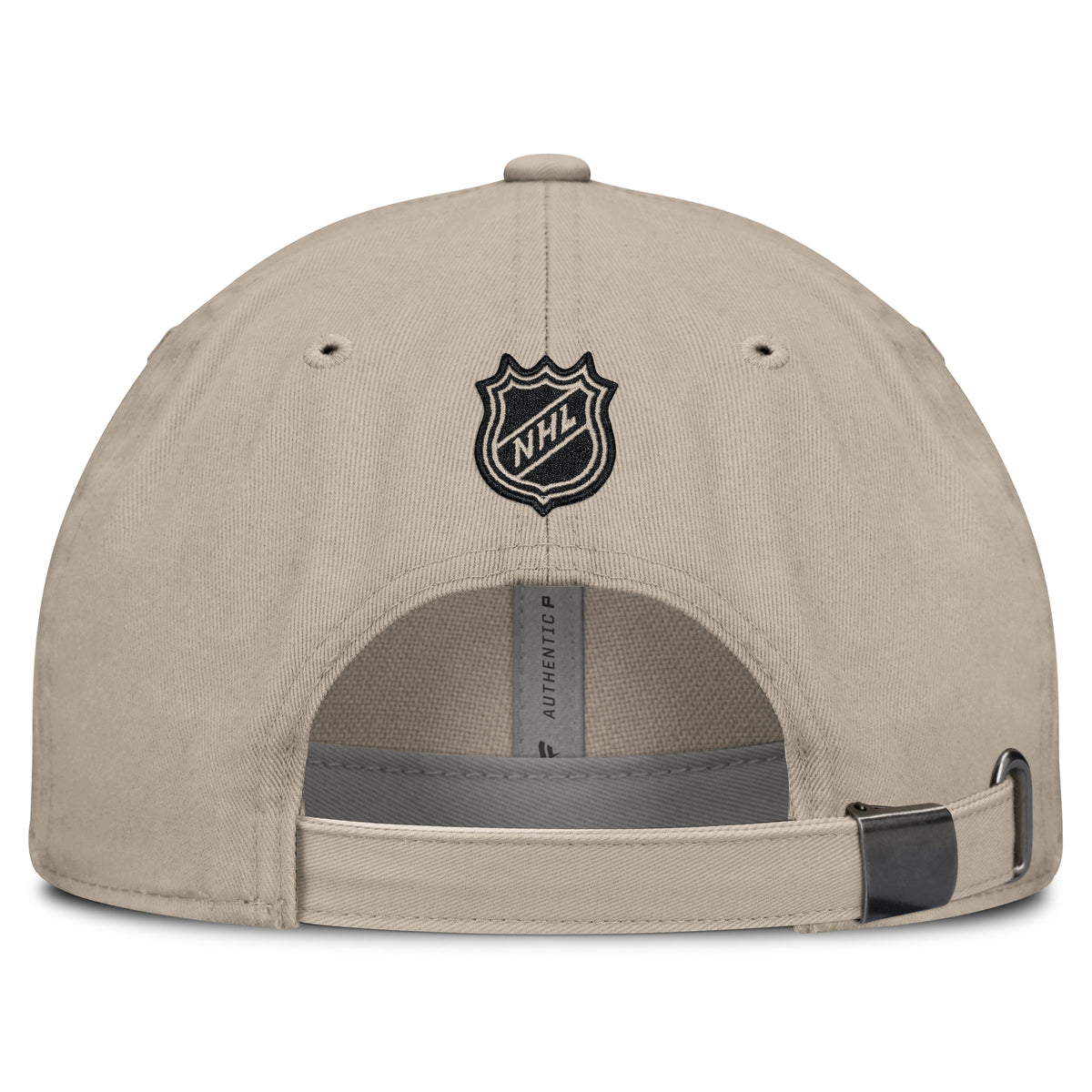 Back: Beige adjustable strap with metal clasp, NHL Shield above strap
