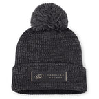 Front: Black cuffed acrylic beanie with grey pom, rectangular "CAROLINA HOCKEY" patch on cuff in black/beige