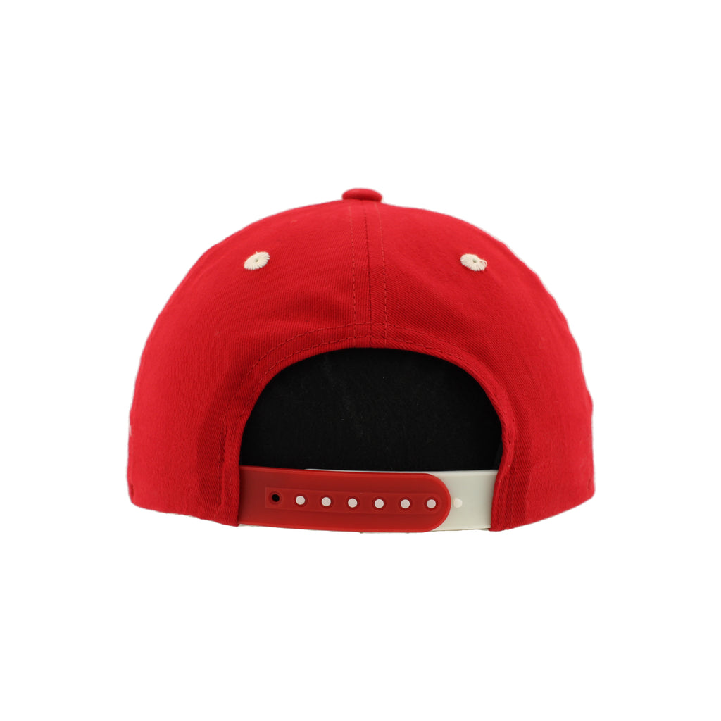 Back: Red hat with red and white snapback straps