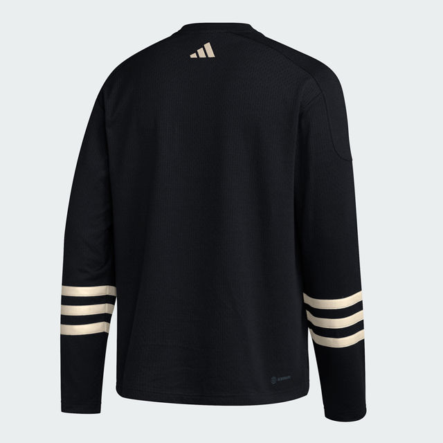 Back: Black sweater with 3 white stripes on sleeves, white adidas logo at neck