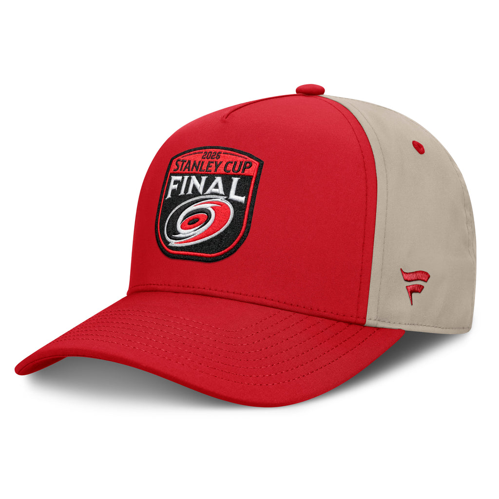 Left: Red hat/brim, biege back, red crown/eyelets, Red Fanatics logo on left