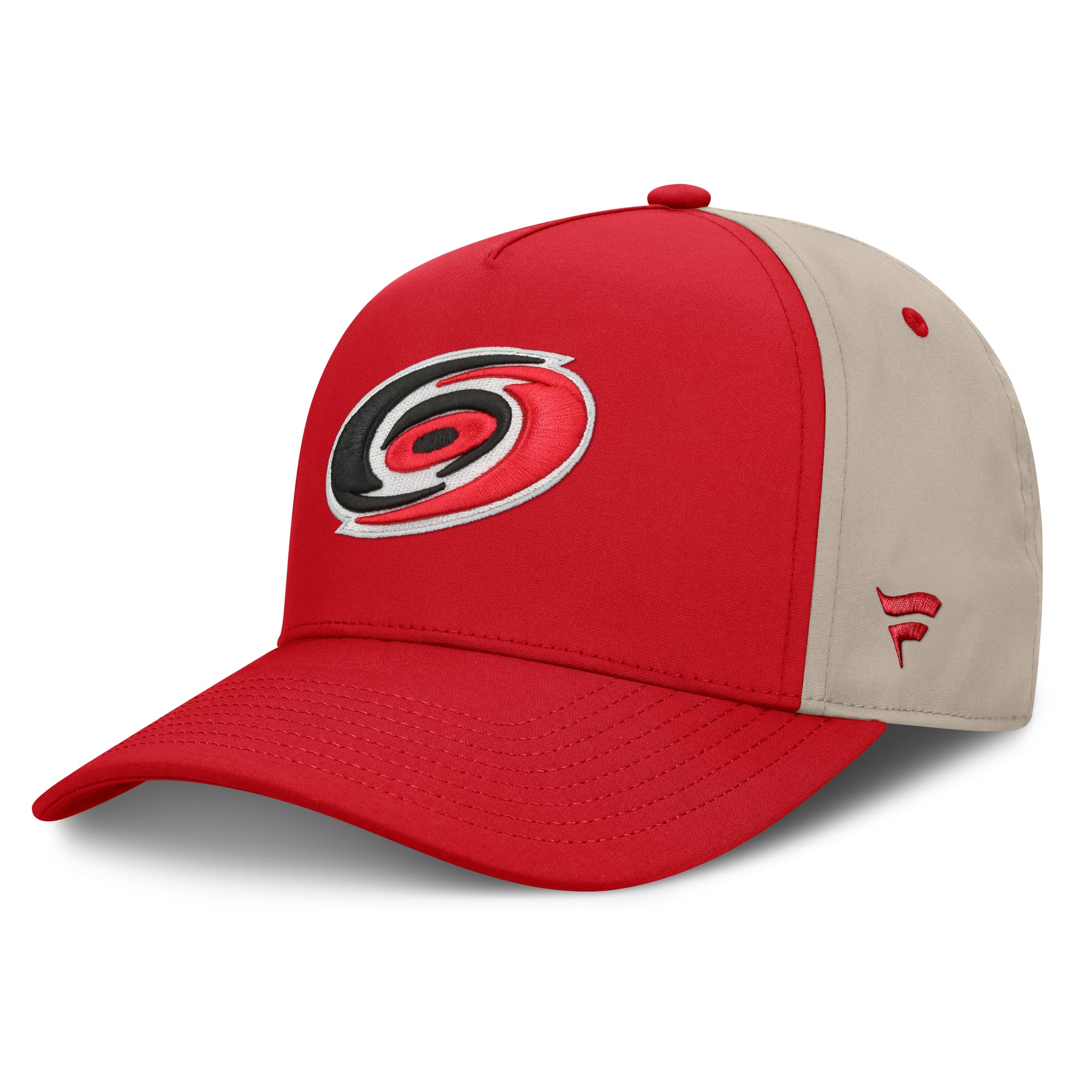 Left: Red hat/brim, beige back, Primary logo on front, red Fanatics logo on left