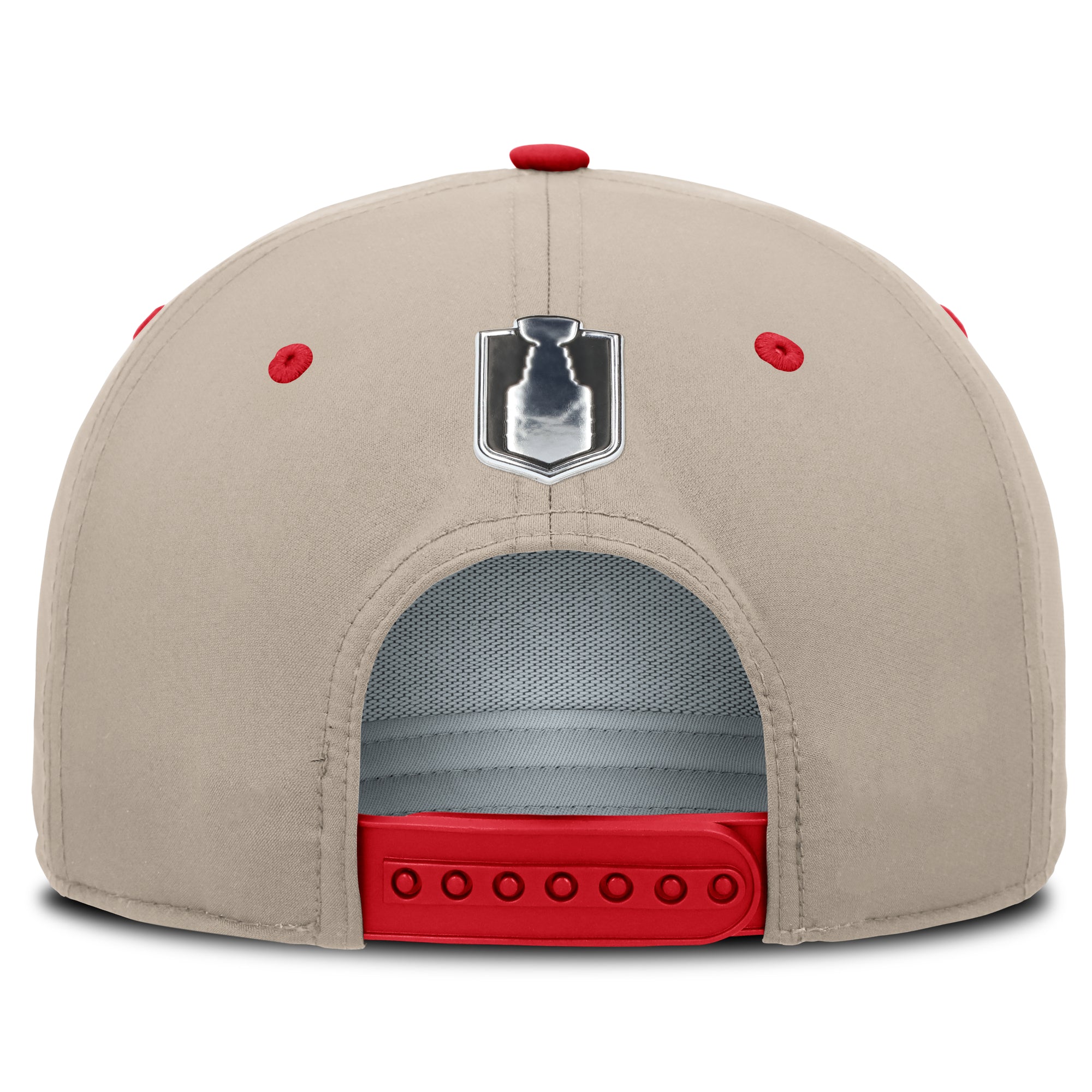 Back: Biege hat, red snapback straps/eyelets/crown, Stanley Cup Playoffs logo above straps