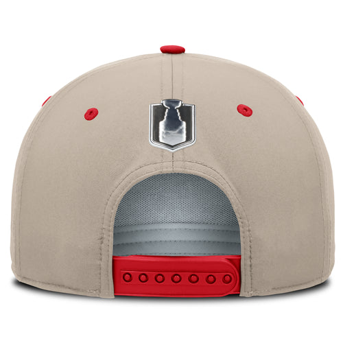 Back: Biege hat, red snapback straps/eyelets/crown, Stanley Cup Playoffs logo above straps
