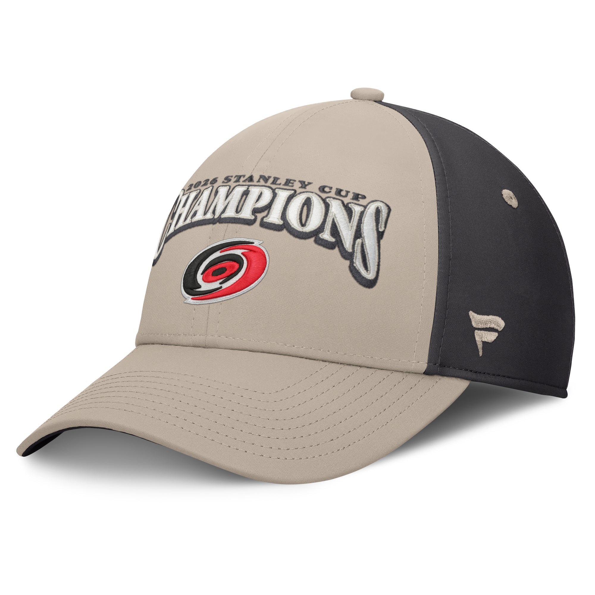 Left: Biege/black hat, "2026 Stanley Cup Chamions on front, beige Fanatics logo on left