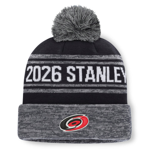 Front: Black/heather grey cuffed knit/grey pom, Primary logo on cuff, "2026 Stanley" across front