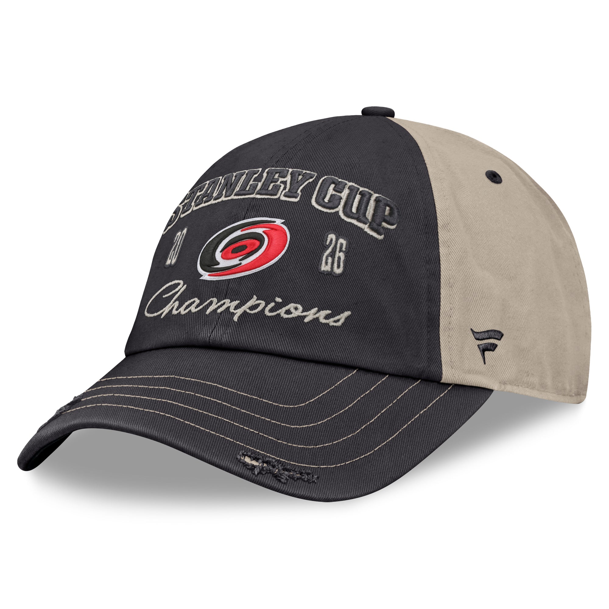 Left: Black hat, biege back, black Fanatics logo on left, rips on brim